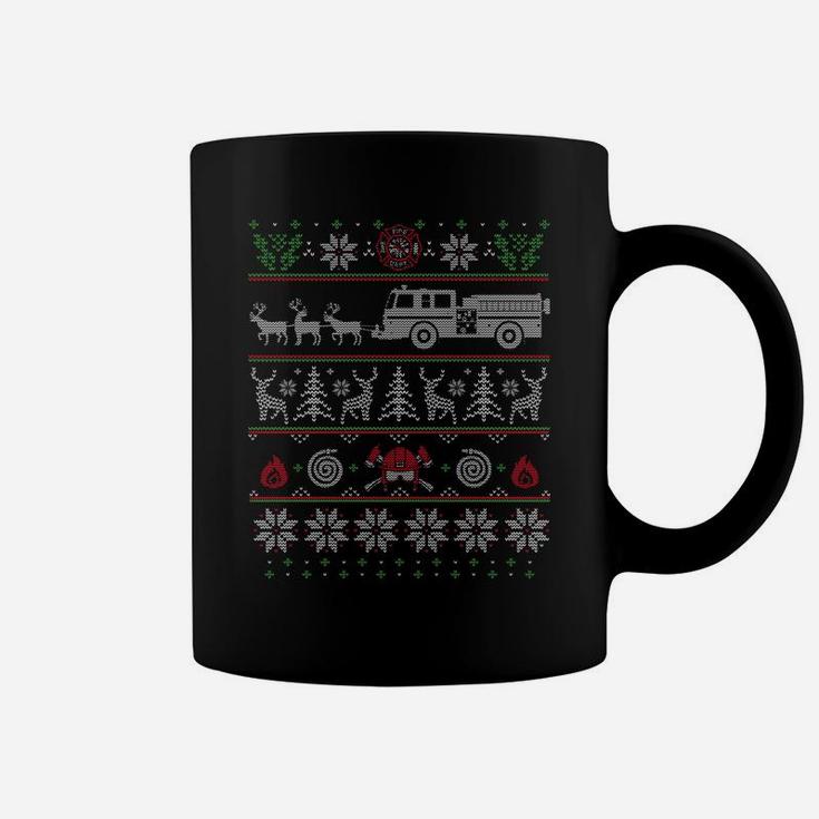 Firefighter Fire Truck Pulled By Reindeer Ugly Christmas Coffee Mug