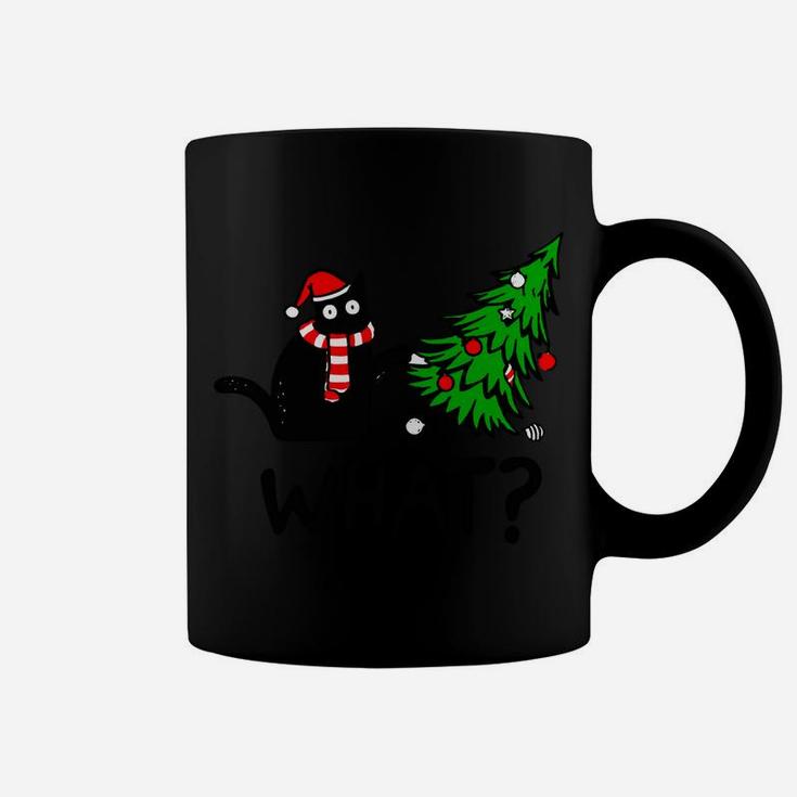 Funny Black Cat Gift Pushing Christmas Tree Over Cat What Coffee Mug