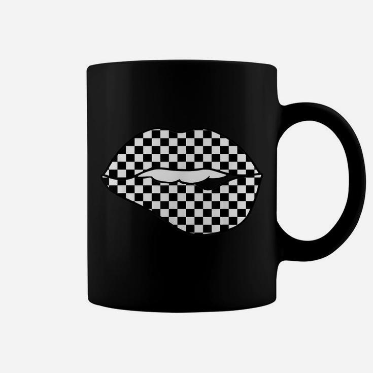 Funny Checkered Black White Lip Gift Cute Checkerboard Women Coffee Mug