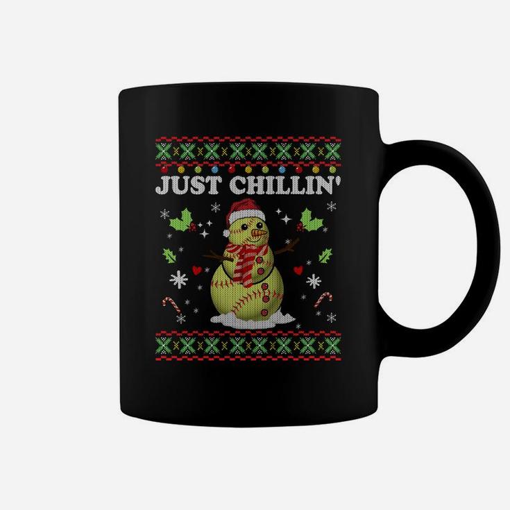 Funny Chillin' Snowman Softball Ball Ugly Christmas Sweater Sweatshirt Coffee Mug