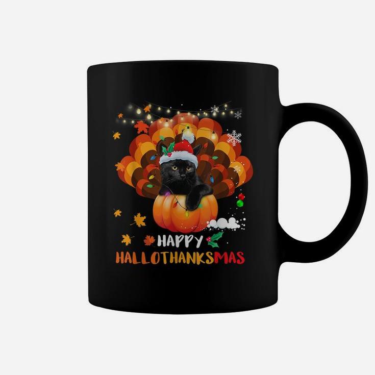Happy Hallothanksmas Pumpkin Turkey Black Cat Lovers Gifts Coffee Mug