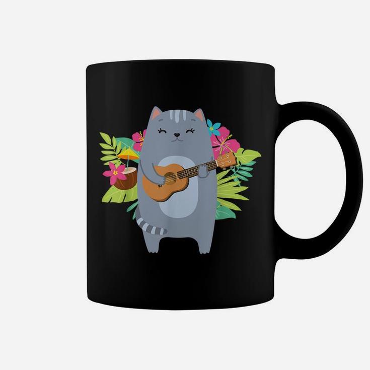 Hawaiian Uke Cat Playing Ukulele Flower Coffee Mug
