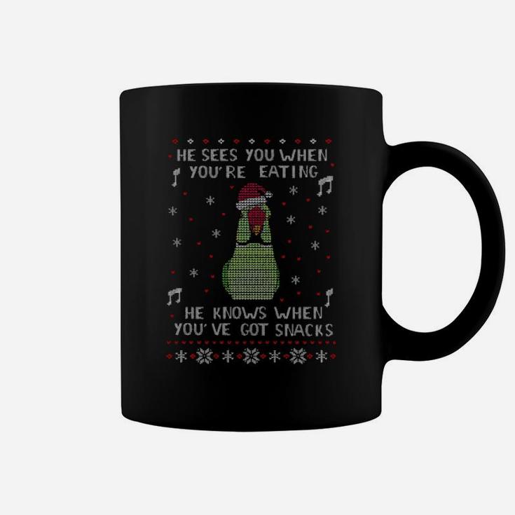 He Sees You When You're Eating He Knows When You've Got Snacks Ugly Xmas Coffee Mug