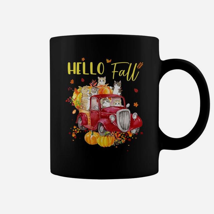 Hello Fall Truck Pumpkin Funny Cat Kitties Thanksgiving Day Coffee Mug