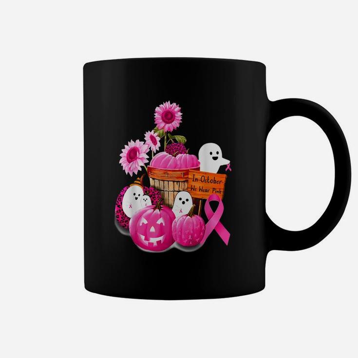 In October We Wear Pink Pumpkin, Ghost And Flower Coffee Mug