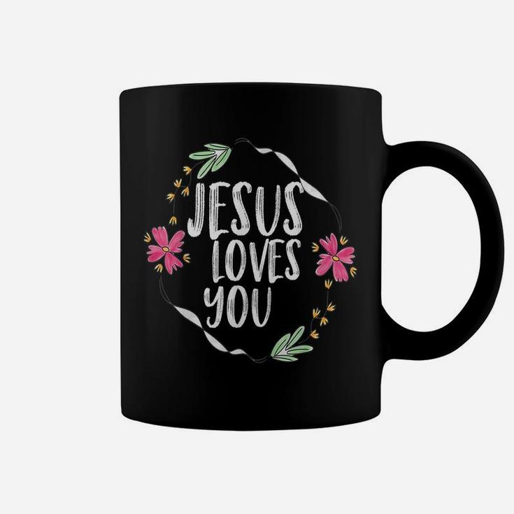 Jesus Loves You With Round Flower Frame Graphic Coffee Mug