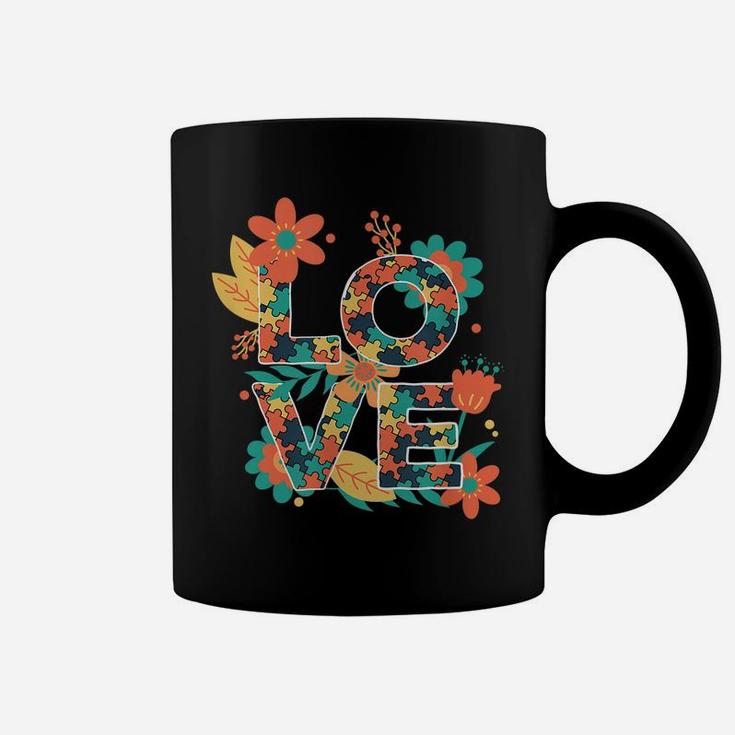 Love Autism Awareness Be Kind Puzzle Pieces And Flower Coffee Mug