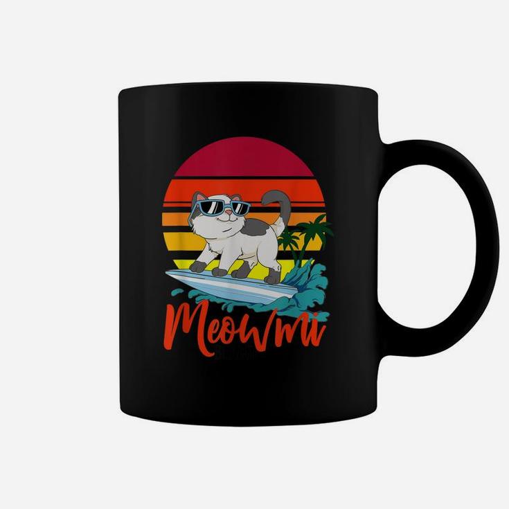 Meowmi Beach Surfing Cat Retro Sunset Ocean Coast Kitten Coffee Mug