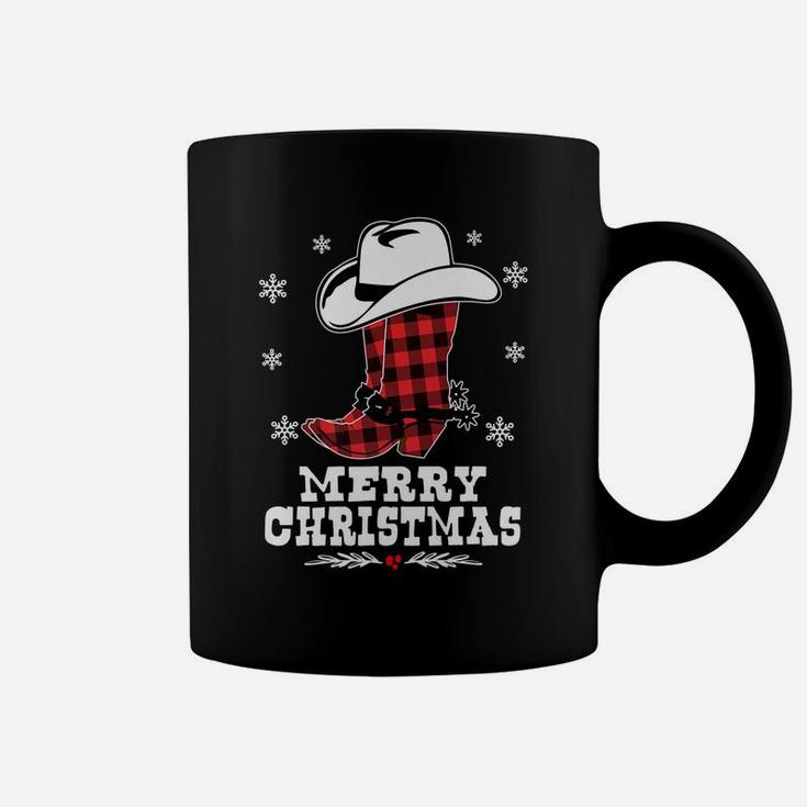 Merry Christmas Cowboy Boots Red Buffalo Plaid Western Coffee Mug