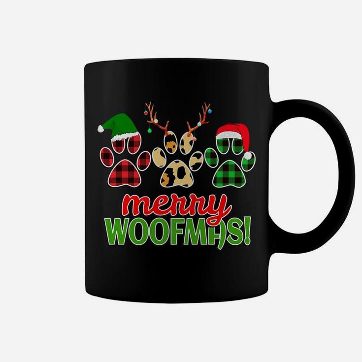 Merry Woofmas Dog Paw Christmas Buffalo Plaid Leopard Print Coffee Mug