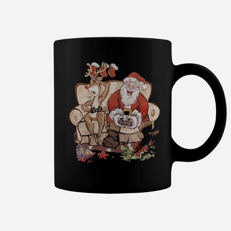 Santa And Reindeer Playing Games Together Coffee Mug