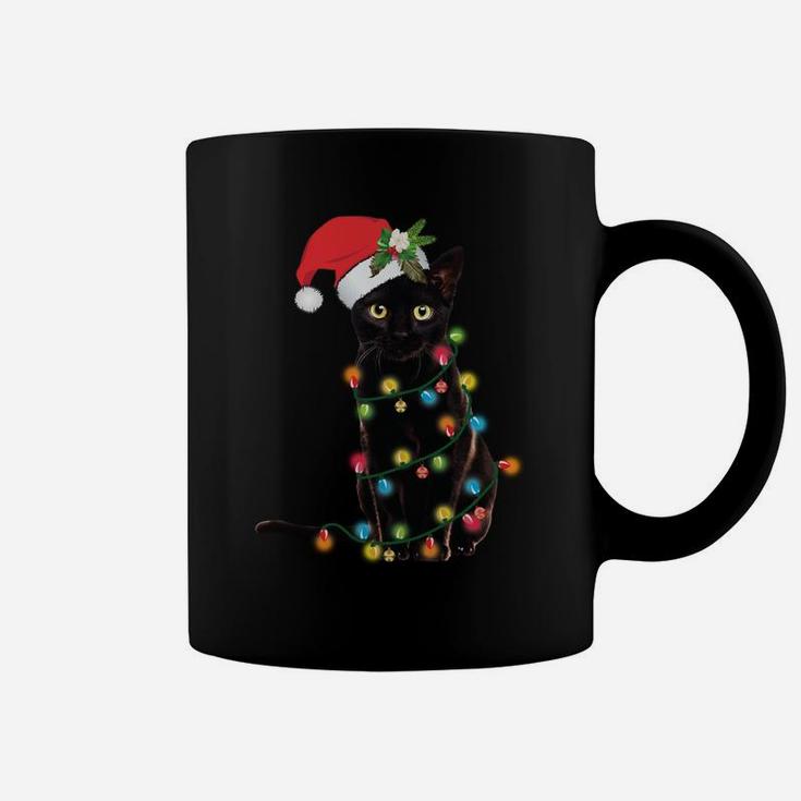 Santa Black Cat Wrapped Up In Christmas Tree Lights Holiday Coffee Mug