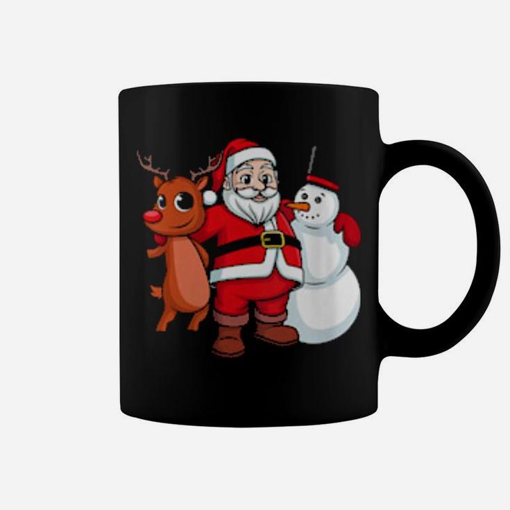 Santa Claus Hugging Snowman And Reindeer Coffee Mug