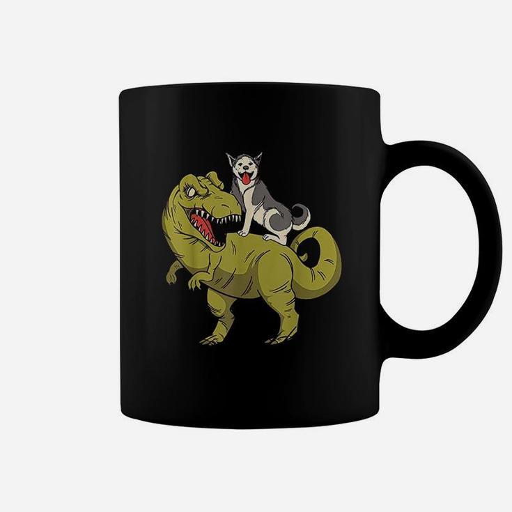 Siberian Husky Dog Riding Dinosaur Coffee Mug