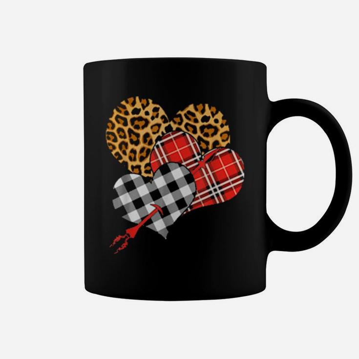 Three Hearts Leopard Buffalo Plaid Valentines Day Coffee Mug