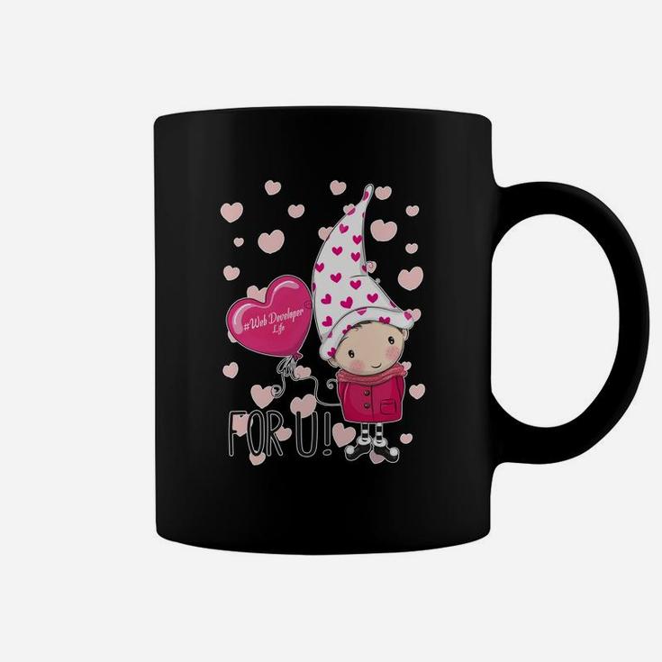 Valentines Day Web Developer Life Pink Gnome Holds Heart Balloon Coffee Mug