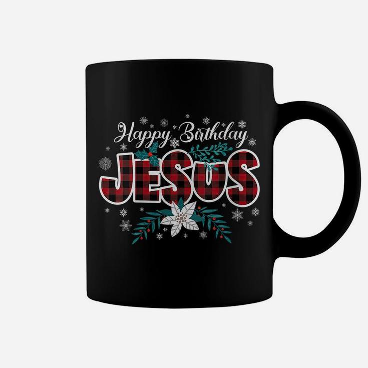 Womens Happy Birthday Jesus Flower Red Buffalo Plaid Jesus Lovers Coffee Mug