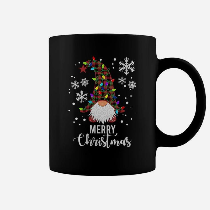 Womens Merry Christmas Gnomes Buffalo Plaid Snowflakes Santa Lights Coffee Mug
