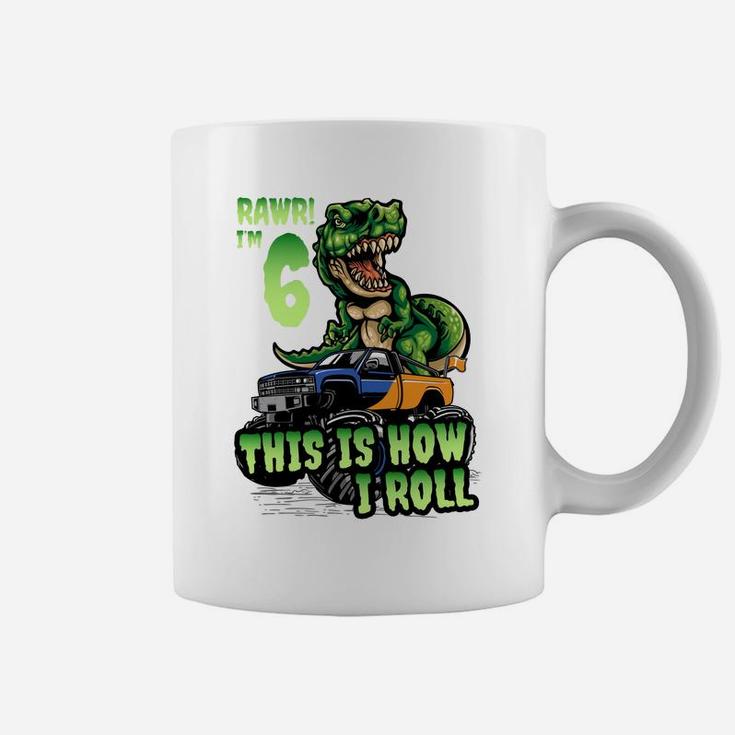 6 Years Old Boy Birthday Shirt Dinosaur Trex Monster Truck Coffee Mug