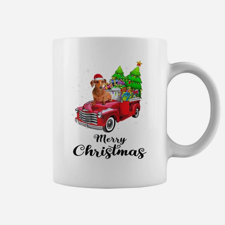 Dachshund Ride Red Truck Christmas Pajama Raglan Baseball Tee Coffee Mug