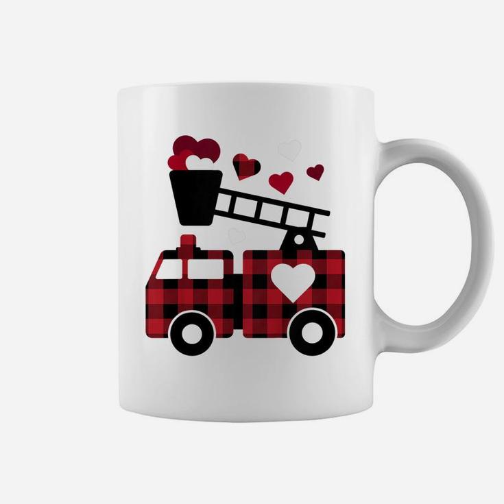 Kids Fire Truck Buffalo Plaid Valentines Day Mom Dad Son Coffee Mug