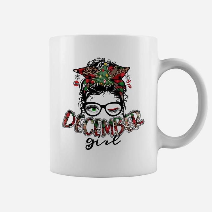 Messy Bun December Girl Buffalo Plaid Leopard Women Xmas Pjs Sweatshirt Coffee Mug