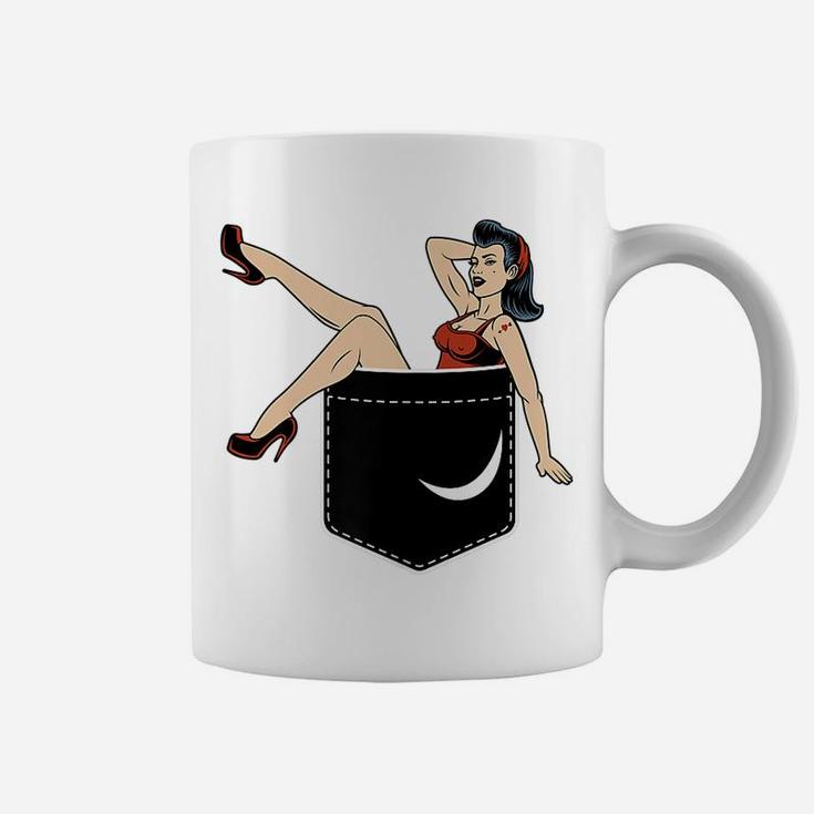 Pin Up Girl In Pocket Funny Vintage Retro Illustration Gifts Coffee Mug