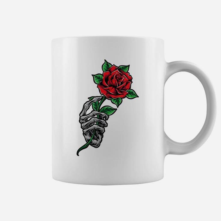 Skeleton Hand Holding A Red Rose Flower Cool Aesthetic Coffee Mug