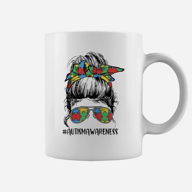 Womens Proud Autism Mom Messy Bun Girl Puzzle Piece Mother's Day Coffee Mug