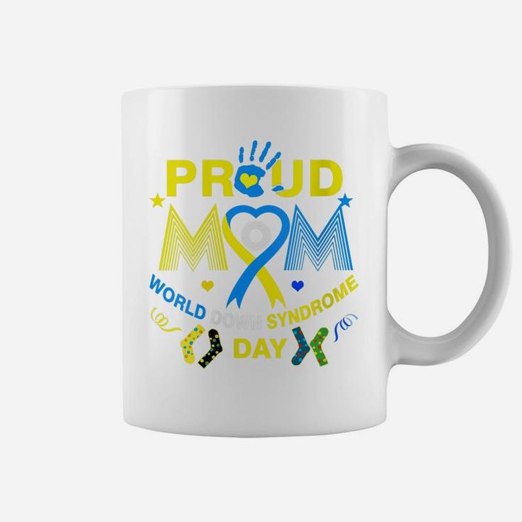 Womens Proud Mom Ribbon Yellow Blue Heart Down Syndrome Day Trisomy Coffee Mug