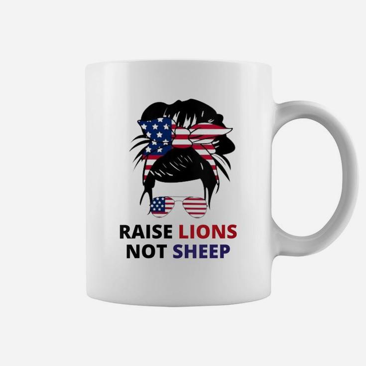 Womens Raise Lions Not Sheep American Flag Sunglasses Messy Bun Coffee Mug