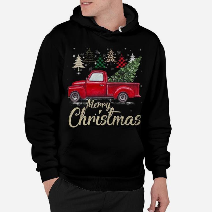 Chrismas Red Truck With Buffalo Plaid And Leopard Xmas Trees Hoodie