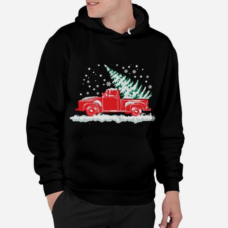 Christmas Tree In Back Of Old Red Pick Up Truck Snowing Hoodie