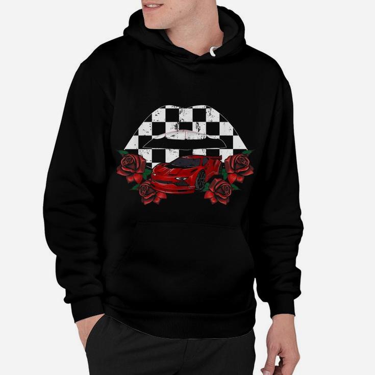 Cool Checkered Lips Kiss Red Rose Flower Car Racing Party Hoodie