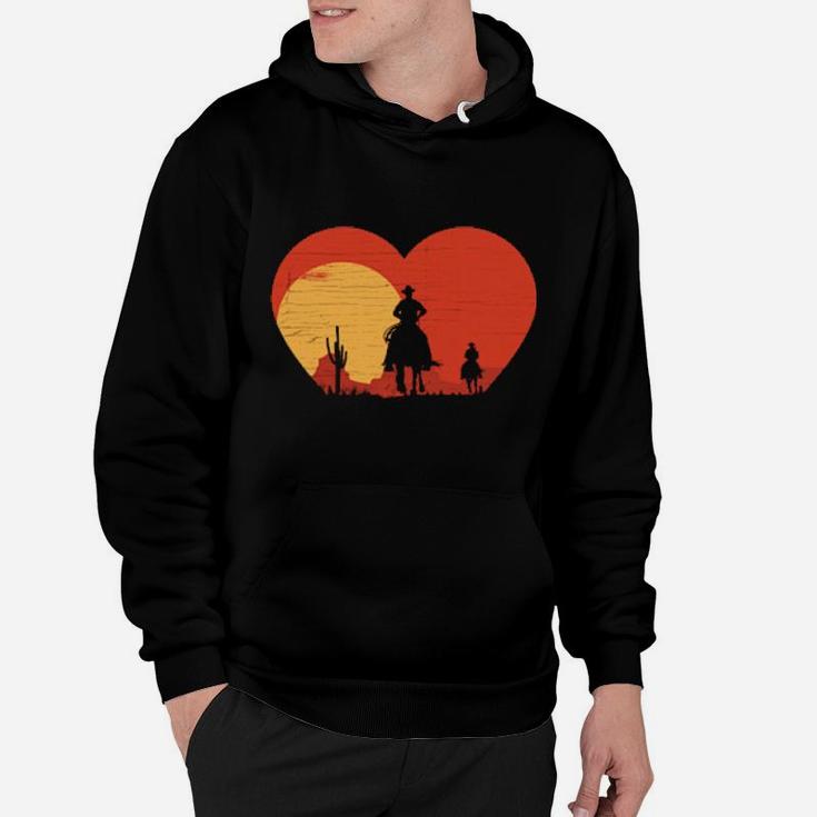 Distressed Heart Shape Cowboy Riding Horse Sunset Mountains Hoodie