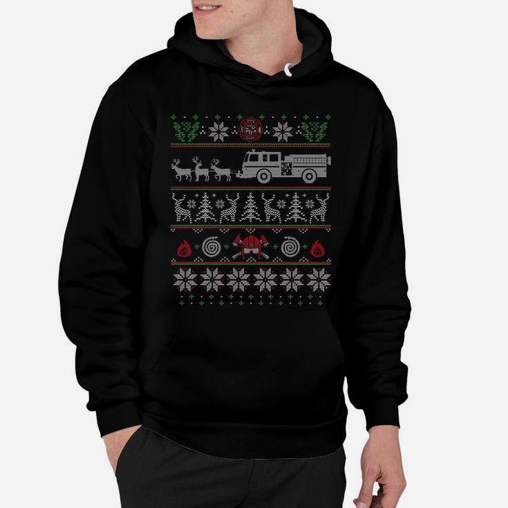 Firefighter Fire Truck Pulled By Reindeer Ugly Christmas Hoodie