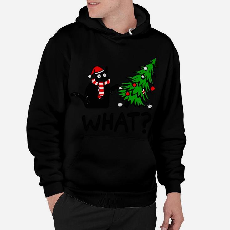 Funny Black Cat Gift Pushing Christmas Tree Over Cat What Hoodie