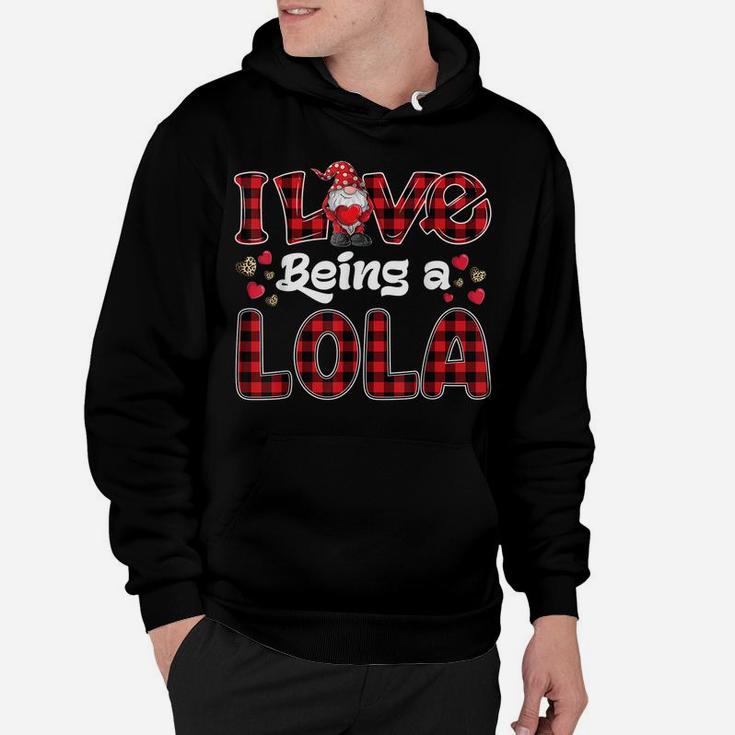 I Love Being Lola Red Plaid Hearts Gnome Valentine's Day Hoodie