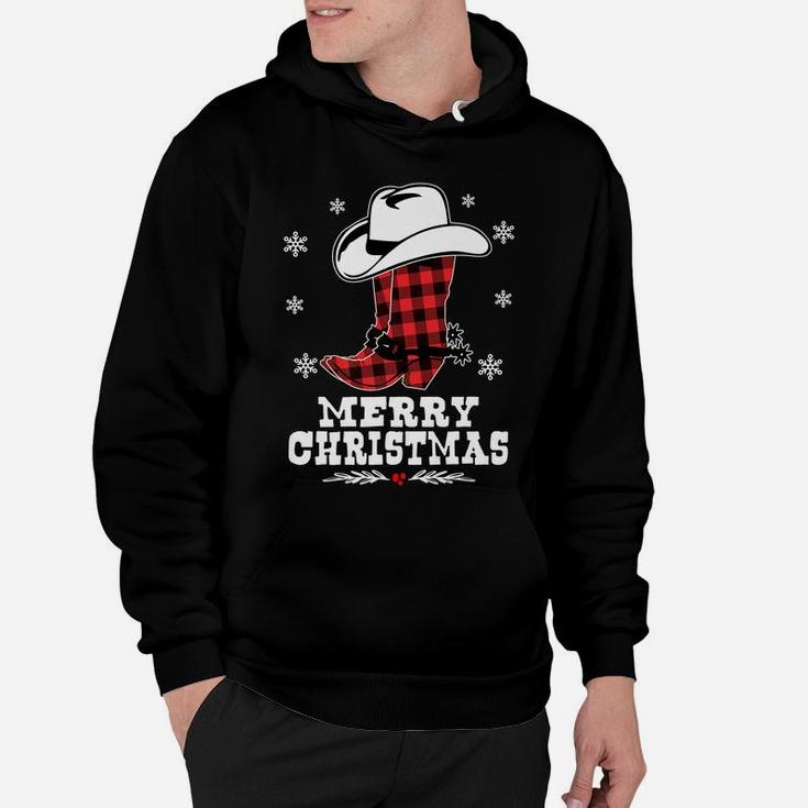 Merry Christmas Cowboy Boots Red Buffalo Plaid Western Hoodie