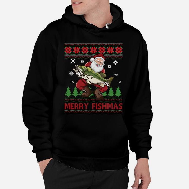 Merry Fishmas Santa Fishing Ugly Christmas Sweater Style Hoodie