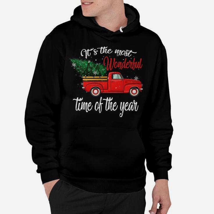 Red Truck Pick Up Christmas Tree Most Wonderful Time Of Year Hoodie