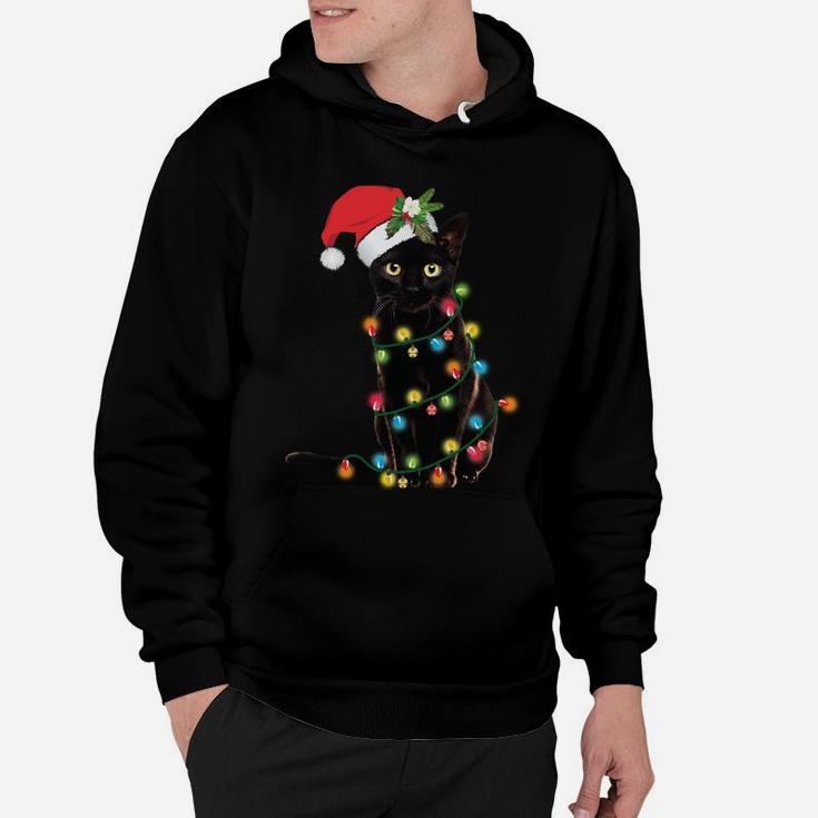 Santa Black Cat Wrapped Up In Christmas Tree Lights Holiday Hoodie