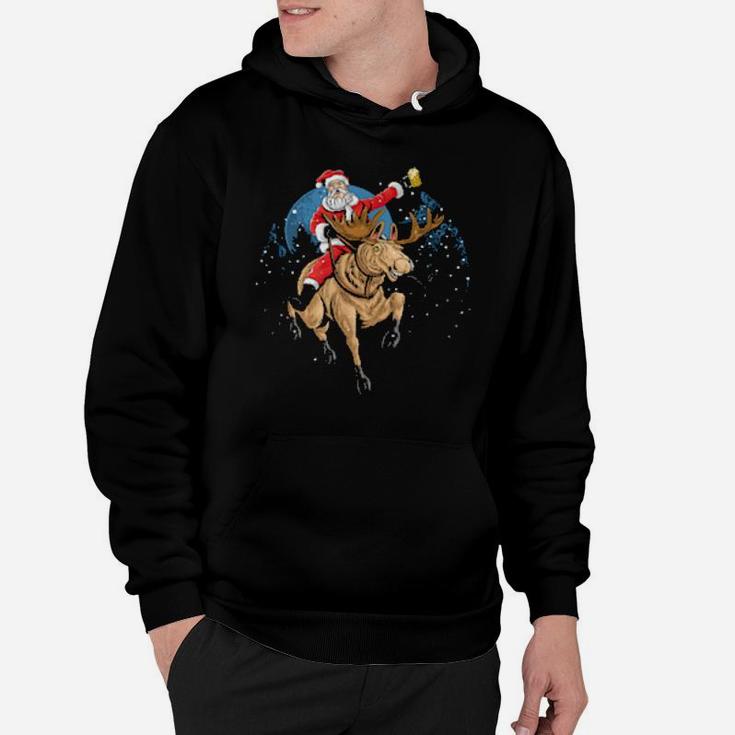 Santa Claus Drinking A Beer While Riding A Moose Hoodie