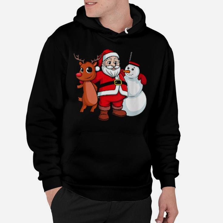 Santa Claus Hugging Snowman And Reindeer Hoodie