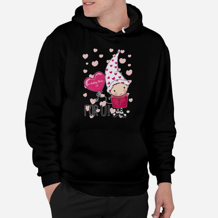 Valentines Day Auditing Clerks Life Pink Gnome Holds Heart Balloon Hoodie