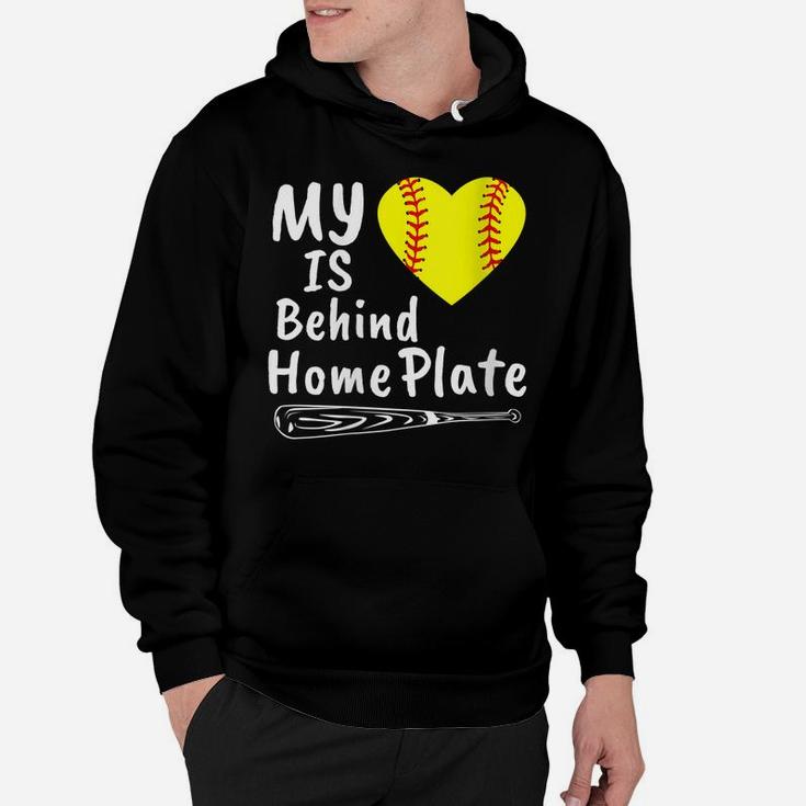 Womens My Heart Is Behind Home Plate Softball Proud Mom Dad Gift Hoodie