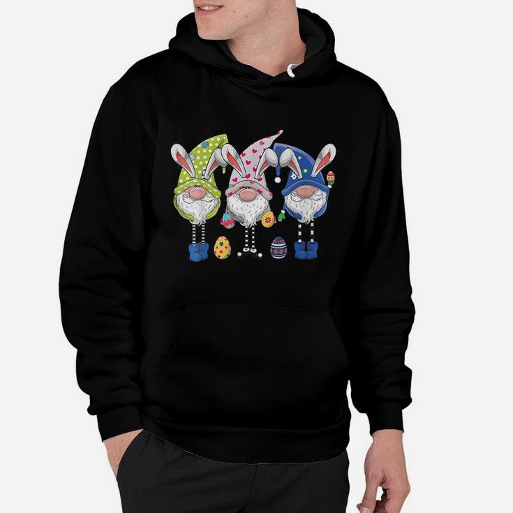 Womens Three Gnomes Bunny Holding Easter Egg Hunting Happy Easter Hoodie