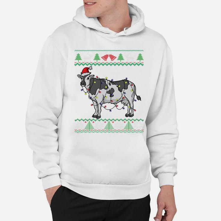 Cow Santa Claus & Lights Funny Dairy Farmer Ugly Christmas Sweatshirt Hoodie