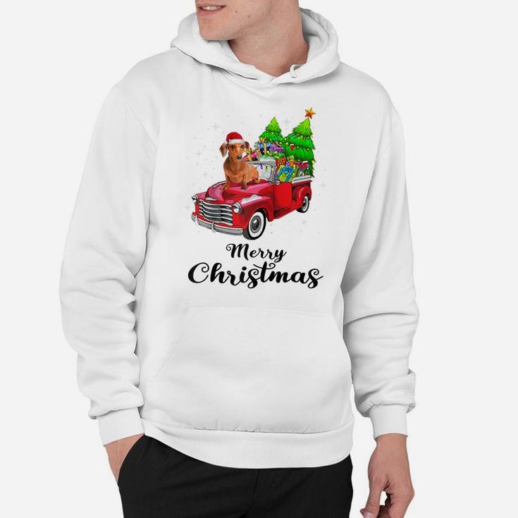 Dachshund Ride Red Truck Christmas Pajama Raglan Baseball Tee Hoodie