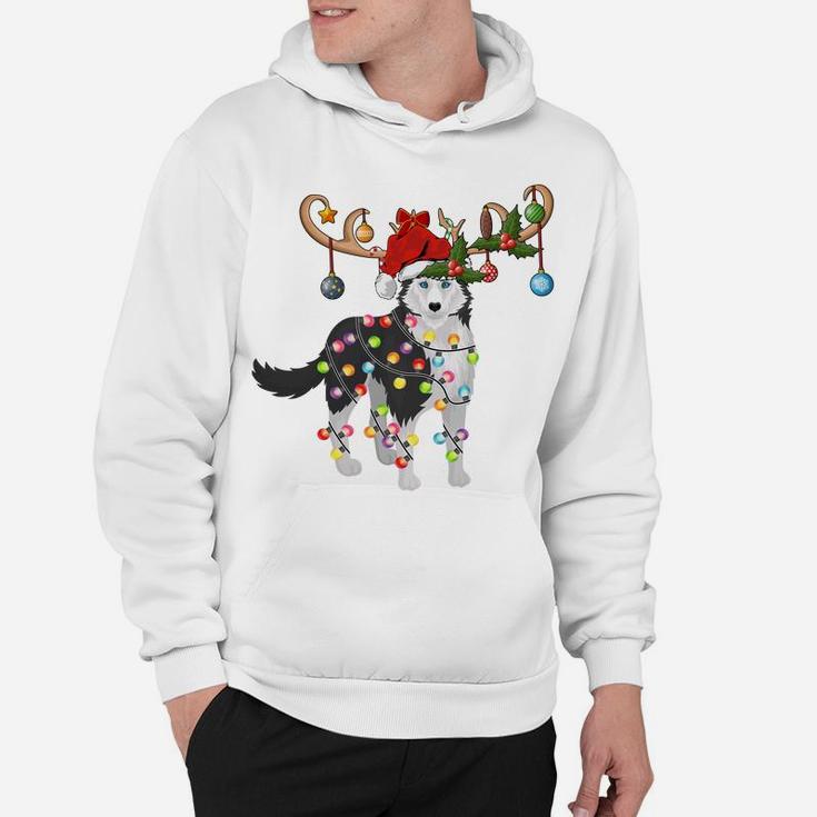 Funny Lighting Santa Hat Reindeer Siberian Husky Christmas Sweatshirt Hoodie